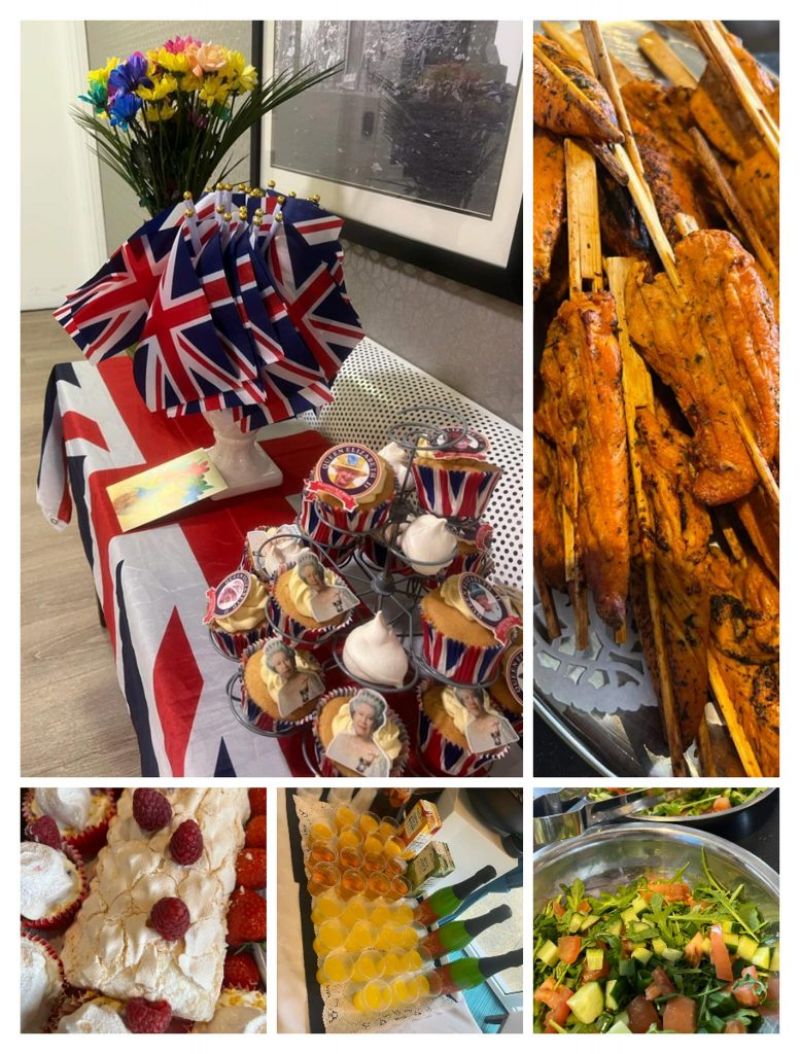 A selection of images of food. Cupcakes with union jack flags. Chicken skewers. Drinks. Cakes. Salad.