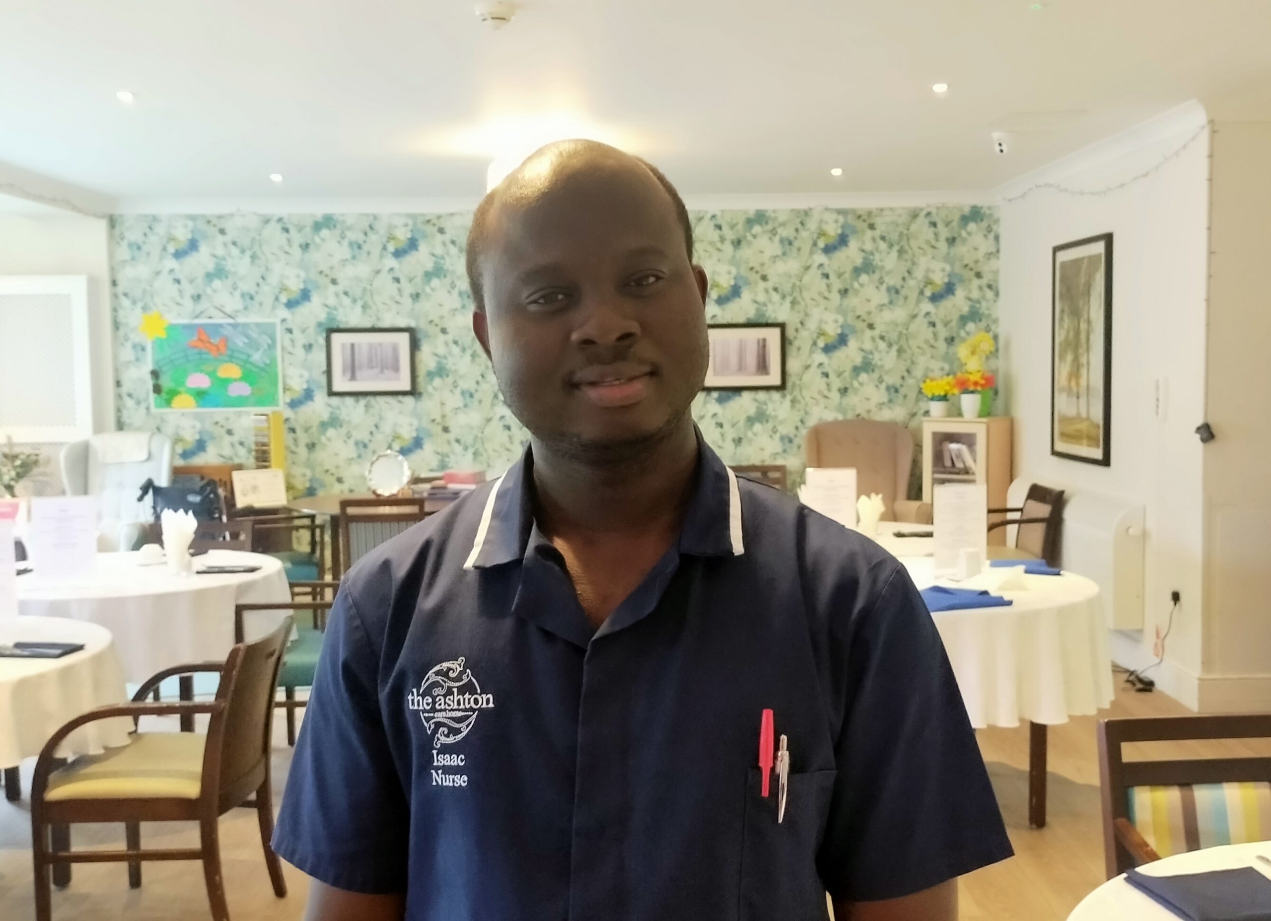 A male nurse in the restaurant.